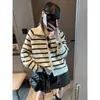 Mao Qie Perezoso Casual Alta Inteligencia Bloqueo de Color Raya Solapa Holgado Punto de Lana Cardigan Prendas de Abrigo MQ2038