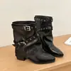 Estilo bota-tubo, botines, hebilla de cuero, punta fina, estilo francés, diseño nuevo, versátil, efecto adelgazante, tacón de bloque alto, Botas Martin 2026, botas de media pantorrilla