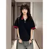 Camiseta de Verano de Manga Corta para Hombre de Alta Calidad Directa de Fábrica con Bloques de Color, Media Cremallera, Cuello Alto, Estilo Americano