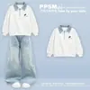 Conjunto de Duas Peças 2026 Novo Outono/Primavera Doce Estilo College Patchwork Xadrez Blusa de Manga Longa e Calça Jeans Denim com Estrelas