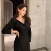 Actualización de talla de envío elegante vestido otoñal francés con solapas, fruncido en la cintura, mangas abullonadas para mujer, elegante vestido largo con cordones