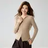 Suéter feminino de caxemira para outono e inverno, cor sólida, com zíper, com capuz, canelado, corte justo, malha de base, lã quente para mulheres