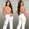 C6355 Aliexpress Amazon Moda Europea y Americana para Mujer Top de Malla Color Sólido con Pedrería y Perlas Conjunto de una Sola Pieza