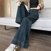 Jeans Bordado de Cintura Alta para Mulheres, Tendência Nova Estilo para Primavera, Outono e Inverno, Design de Corte Ampulheta, Perna Larga, Calça Levemente Flare