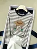 Camiseta de Manga Larga a Rayas Colorblock Hombro Normal 100% Algodón Moda Femenina Versátil Base Azul Marino Otoño