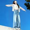 Jeans de pierna ancha bordados florales azules para mujer, estilo verano 2026, talla grande, cintura alta, holgados, adelgazantes, pantalones de pierna recta