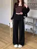 Pantalones grises de imitación de dos piezas de pierna ancha con detalle de lazo, pantalones casuales rectos finos de verano 2026 para mujer, cintura alta, adelgazantes