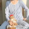 Pijama para mujer, estilo primavera y otoño, manga larga, nuevo modelo 2025, cárdigan de encaje de moda con cuello redondo y volantes, ropa de casa