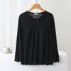 Nova blusa básica feminina de cor sólida solta para primavera com bojo, roupa de casa, pijama, top fino de manga longa com detalhe de orelha de madeira