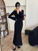 Vestido Largo de Gasa Blanco y Negro con Escote en V y Encaje para Mujer, Estilo Minimalista Ligero y Sofisticado, Nuevo Vestido Largo de Manga Larga con Ceñidor en la Cintura, Vestido Bodycon Sexy