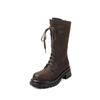 Botas de Couro Genuíno Estilo Coreano Simples e Versáteis 2025 Inverno Sola Grossa Salto Grosso Bico Redondo Cadarço Botas de Cano Médio para Mulheres