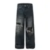 Calça Jeans Reta Camuflada Rasgada Desgastada para Homem, Calça Larga Tendência Cool Retro Americana