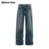 Jeans Reto Lavado com Bigodes Estilo Retrô Americano Marca Tendência Unissex Cintura Ajustável Cleanfit Solto Calças Longas