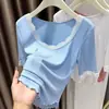 Camiseta Modal Manga Curta Plus Size para Mulheres, Fat mm 2025 Verão Decote Baixo Renda Ultra-Elástica Camisa Base Fina Top