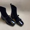 Botas Estrechas Retro de Punta Cuadrada con Lazo Elástico 2026 Nuevo Estilo Patchwork Mary Jane Tipo Calcetín Adelgazantes Tacón Grueso Botines Cortos para Mujer
