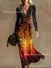 Vestido Transfronteiriço Novo Estilo com Decote em V e Mangas Longas com Elementos de Impressão Digital 3D, Saia Fashion e Personalizada para Marcar a Cintura para Mulheres