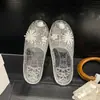 Zapatos de Cristal Coreanos con Perlas, Sandalias Elegantes Vintage, Planos para Uso en Exteriores, Mocasines Cerrados de Medio Zapato, Zapatos Perezosos de Suela Suave