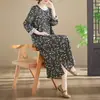 Vestido Longo Estampado Estilo Artístico Novo Primavera e Outono, Gola Redonda, Tamanho Grande Feminino, Algodão Puro, Vestido Longo