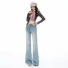 Jeans acampanados de cintura alta elásticos de doble botón estilo coreano en color Naranja Juvenil para mujer, corte ajustado, elegantes y versátiles