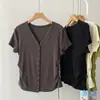 Camiseta de Algodón Tencel 2026 con Pliegues Laterales en la Cintura Adelgazante, Cuello en V, Botones para Mujer, Estilo Coreano de Verano, Hombro Normal, Corte Delgado, Top Elástico