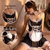 Sexy Lingerie Sexy Maid Preto Silk Uniforme Tentador Backless Maid Maid Plus Size Pijamas Deep V Hollow Fun Set