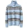 Cárdigan de punto de cachemira con textura Fair Isle para mujer, otoño e invierno, azul, elegante, de cuello alto, chaqueta superior adelgazante