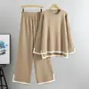 Conjunto de Tricô Popular Europeu e Americano Transfronteiriço Amazon para Mulheres no Outono e Inverno Conjunto de Duas Peças com Suéter e Calça de Perna Larga com Fenda e Manga Longa