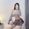 Suéter sexy, lindo y sexy, suéter de cuello bajo para campus, falda plisada, uniforme JK, falda a cuadros tentadora