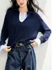 Suéter de punto azul marino, nuevo estilo otoño e invierno, tejido elegante y moderno para mujer, suéter de cuello redondo de manga larga maduro y adelgazante