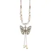Collar de Cerámica con Cuentas de Mariposa Estilo Bohemio Retro Cadena Larga Versátil para Suéter Estilo Zen Étnico Apilable