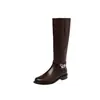Botas de montaria femininas com salto grosso e fivela de cinto, coleção de inverno 2026, couro genuíno marrom, cano alto, emagrecimento, versátil e adequadas para o dia a dia, comprimento até o joelho