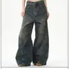 Jeans vintage de lavagem de alta qualidade para homens, perna larga, estiloso e com caimento solto, estilo hip-hop, levemente flare, design de perna curva, calça comprida masculina