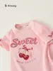 Bangxuan Huzhou Zhili Roupa Infantil Meninas Manga Curta Rosa Roupa Doce de Menina com Laço Camiseta Infantil Estilosa