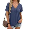 Amazon Exportación Transfronteriza Europea y Americana Nuevos Tops Camiseta de Manga Corta Suelta Plisada con Cuello en V para Mujer en Stock