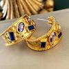 Brincos Banhados a Ouro Estilo Antigo, Brincos de Ouro Vintage, Brincos Exagerados em Forma de C com Zircônia Colorida de Luxo Leve, Brincos Vintage