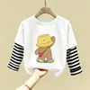 Nova camiseta de algodão puro de manga comprida para meninos, estilo coreano, para primavera e outono, para crianças pequenas, gola redonda, retalhos, camiseta básica, top de algodão