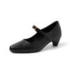 Usando Blusa Versátil Estilo Estrangeiro Pele de Ovelha para o Trabalho Sapatos Mary Jane Sola Grossa Salto Médio Bico Redondo Camada Única de Couro para Mulheres Primavera 2025