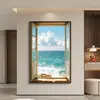 Pintura Decorativa Moderna Minimalista de Janela Falsa com Vista para o Mar para Sala de Estar, Parede de Fundo de Sofá, Pintura Suspensa para Extensão de Espaço