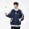 Chaqueta de Béisbol con Tres Rayas para Hombre Invierno Nueva Marca de Moda Americana Juvenil Universitaria Holgada Deportiva Chaqueta de Terciopelo