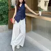Look Ootd de Verão, um Conjunto Completo com Design Azul Marinho, Colete Assimétrico, Conjunto de Calça Wide-Leg, Terno Feminino de Duas Peças