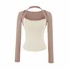 Suave camiseta rosa melocotón de cuello halter y manga larga para mujer, nuevo top coreano chic ajustado para otoño 2026, atuendo dulce