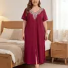 Atacado Transfronteiriço Camisola Vermelha Feminina com Fendas Laterais, Roupa de Dormir Longa de Tricô, Camisola de Verão, Roupa de Casa Plus Size