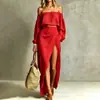 Otoño 2026 Nuevo Moda Femenina Europea y Americana Moda Transfronteriza Conjunto de Moda Conjunto de Vestido Largo Casual de Color Sólido para Mujer con Cruzado en el Pecho