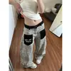 Jeans Retro Americano con Estampado de Leopardo y Bolsillo de Parche para Hombres y Mujeres Holgados Streetwear Pierna Ancha Diseño de Guadaña Pantalones Largos Casuales