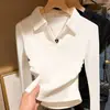 Camiseta Base de Manga Larga con Cuello Polo de Algodón Puro, Hombro Normal para Mujer, Ropa Interior, Primavera Otoño Invierno, Color Sólido, Corte Delgado, Top Favorecedor, Blanco