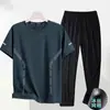 Conjunto Esportivo Casual de Seda de Gelo Masculino Verão Masculino Outdoor Gola Redonda Manga Curta Fino Elástico Respirável Conjunto de Duas Peças