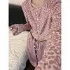 Conjunto de Pijama Casual de Manga Larga con Estampado de Leopardo y Top Corto Estilo Coreano para Mujer, Nuevo para Primavera y Otoño