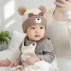 Chapéu de Tricô Outono Inverno para Bebê Chapéu Fofo com Pom-pom Proteção para Orelhas Bebê Meninos Meninas Engrossado Quente Desenho de Ursinho Lã