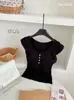 Camiseta Nova de Verão Lixinglai para Mulheres com Design Estiloso, Bordas com Babados Abotoadas, Mangas Curtas Leves, Caimento Ajustado, Top Camiseta de Manga Curta