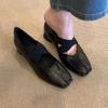 Versão em Pele de Ovelha ~ Sapatos de Ballet com Tira Cruzada, Bico Quadrado e Salto Baixo para Mulher, Retro, Slip-on, Couro, Versátil, Mary Jane, Sapatos Individuais